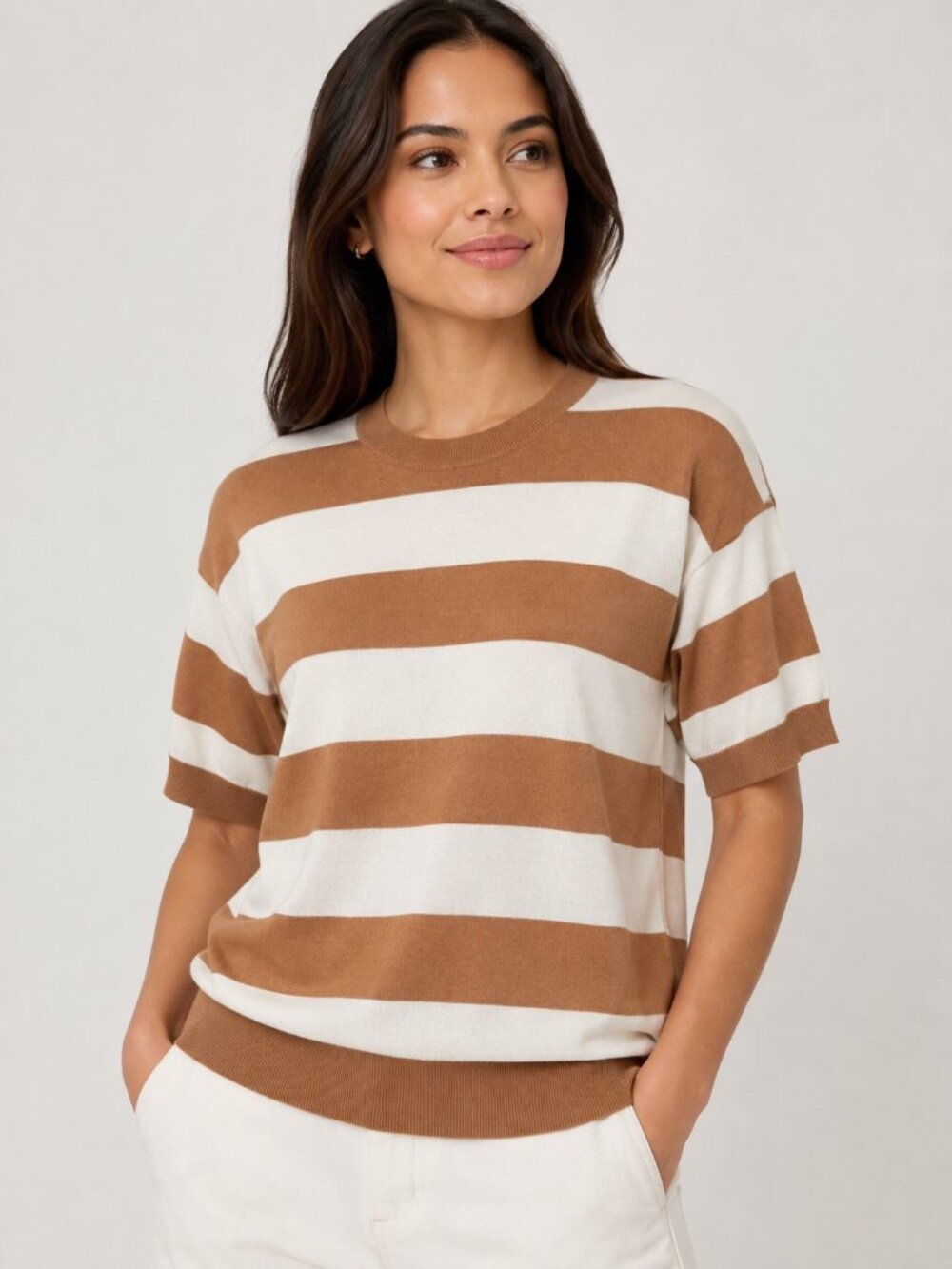 Ann Taylor Petite MP Camel Ivory Stripe Short Sleeve Soft Knit Pullover Sweater